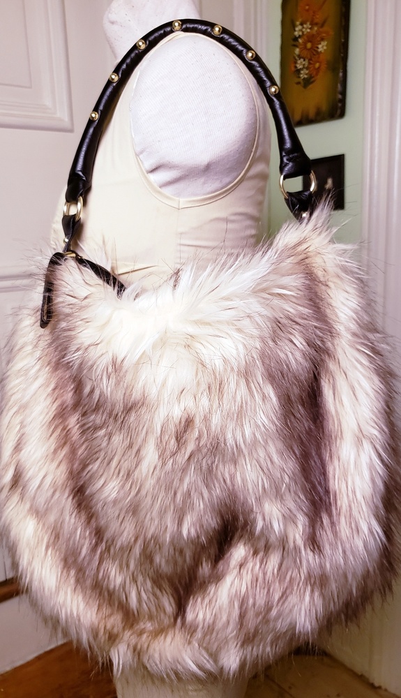 H&M Faux Fur Shoulder Bag in Cream and Brown